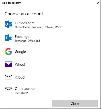 Shows the Add an account dialog box