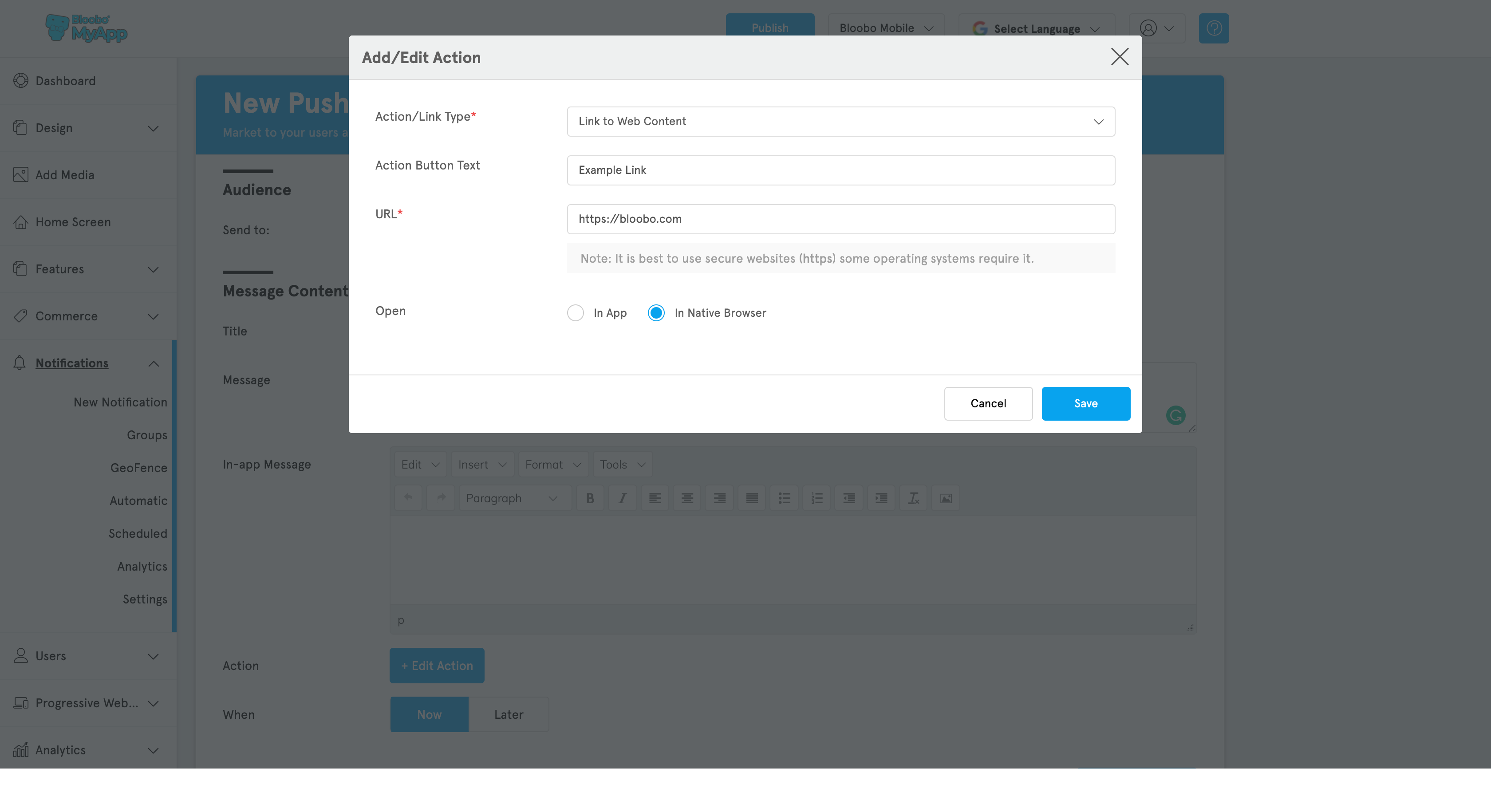 MyApp Add Action to Push Notifications