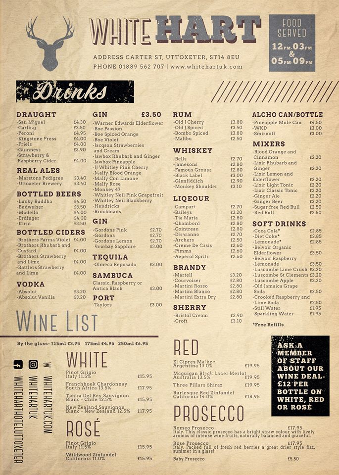 White Hart Hotel Drinks Menu